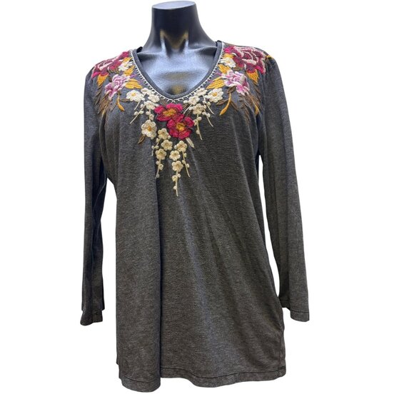 Johnny Was Embroidered Floral V-Neck Long Sleeve Gray Shirt M - Picture 1 of 6